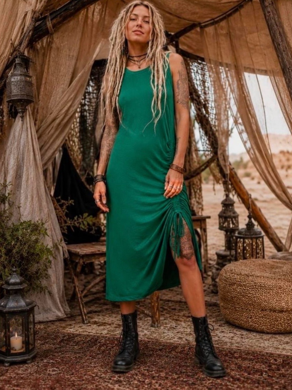 All Saints Emerald Green Asymmetrical Ruched Midi Dress
